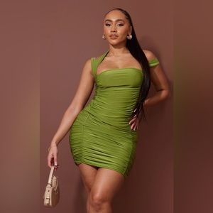 PLT Shape Olive Slinky Extreme Ruched Bodycon Dress
 US 8